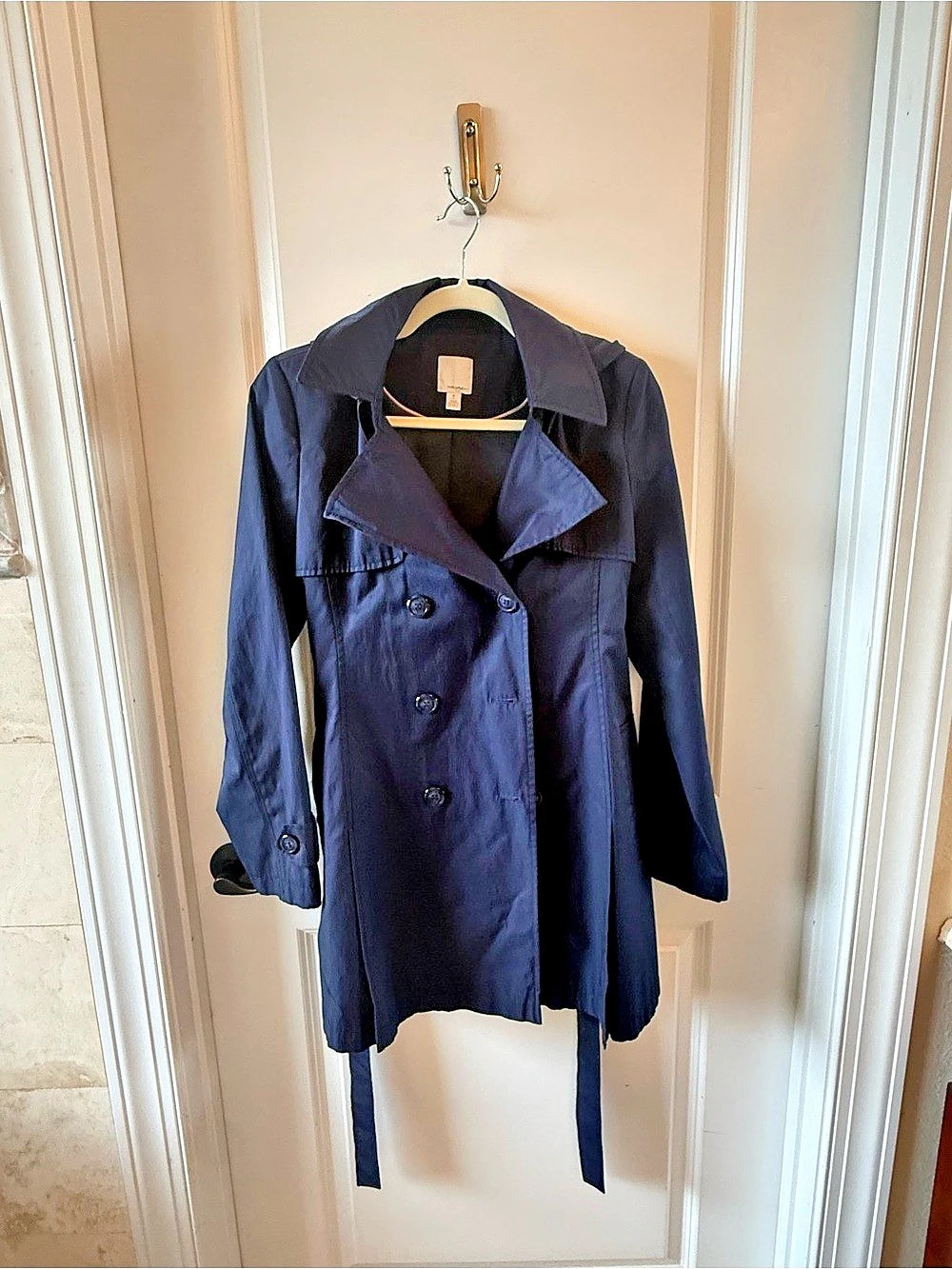 Halogen Women's Trench Rain Coat in Dark Blue Size Medium Petite EUC